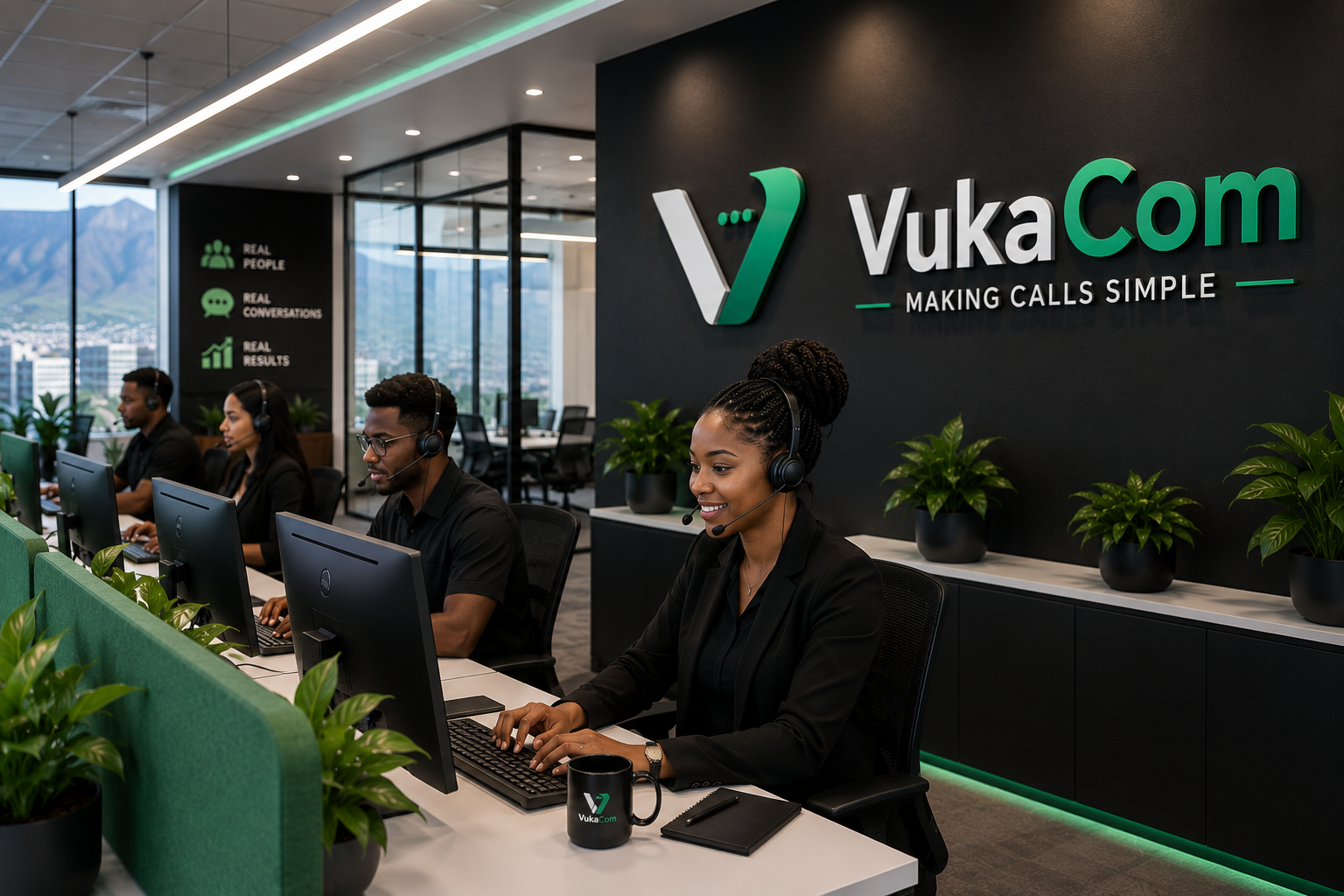 VukaCom office with customer service agents